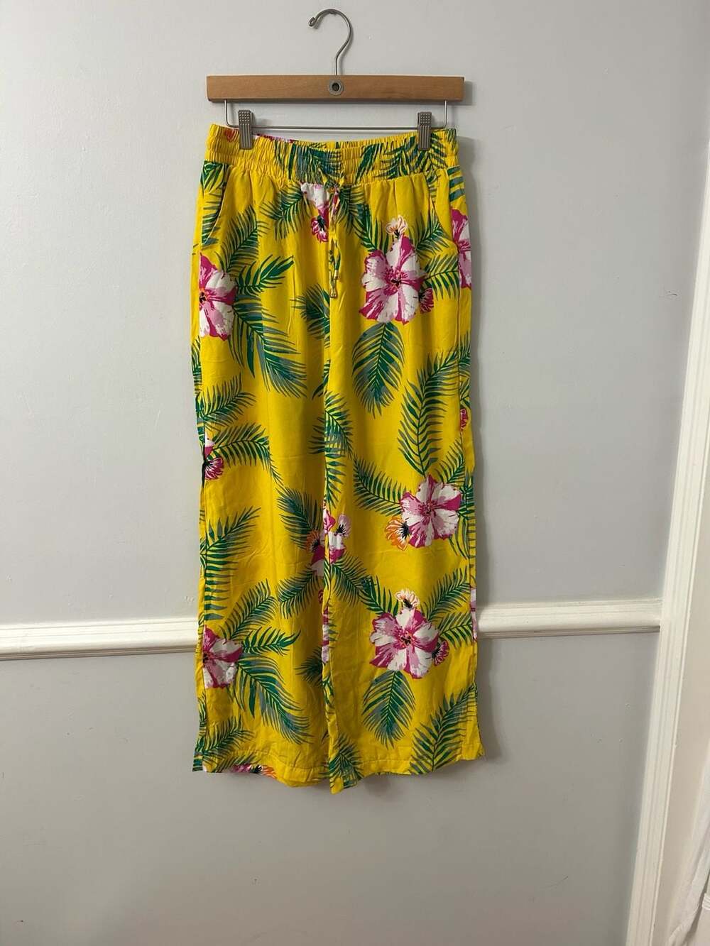 Indero Yellow Tropical Hibiscus Print High Waist Wide Leg Pants